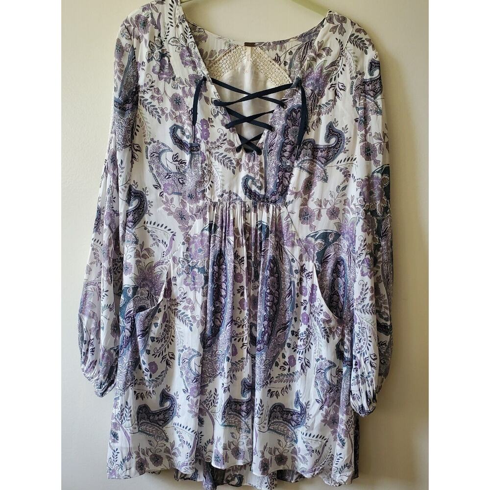Free People Rain Or Shine Lace Up Mini Dress Ivory Paisley Womens XS - Picture 6 of 15